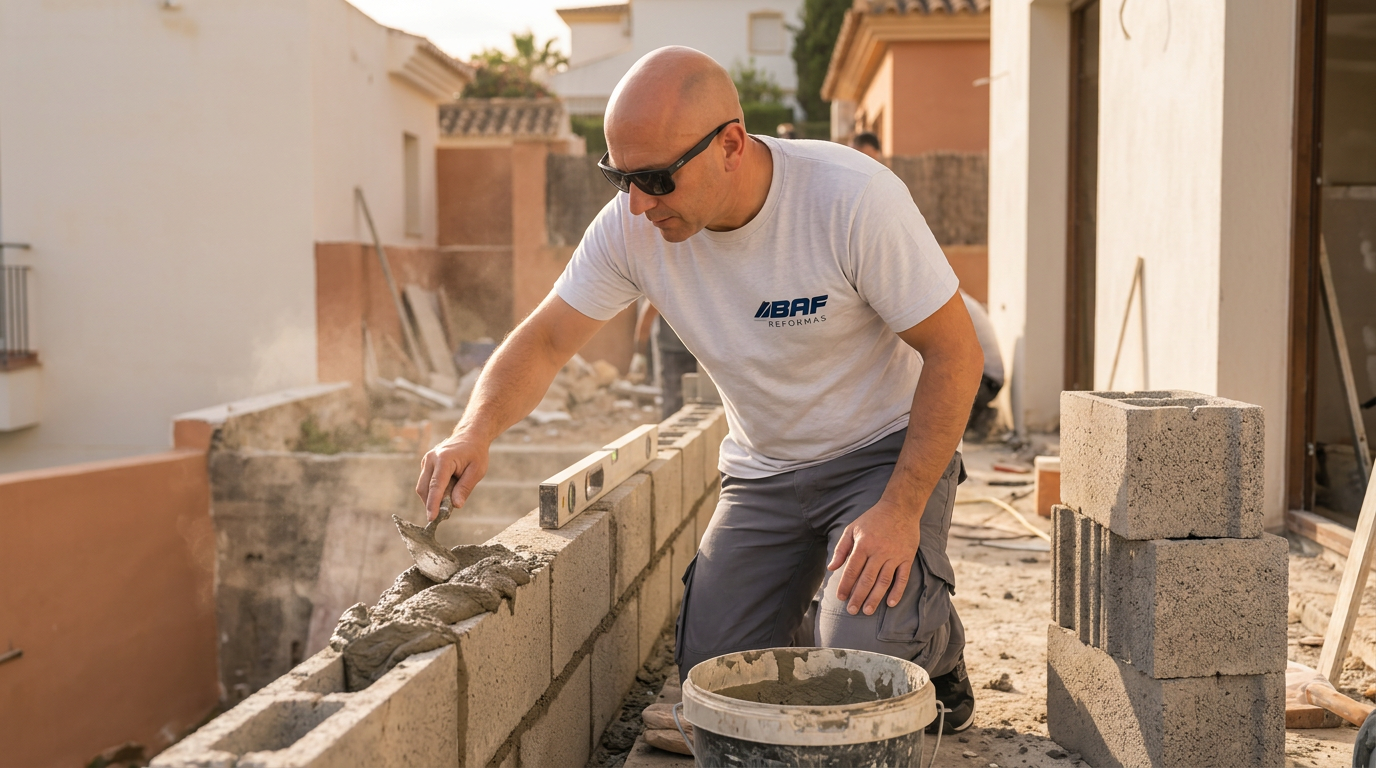 Trabajador de BAF Reformas realizando trabajos de albañilería en una vivienda